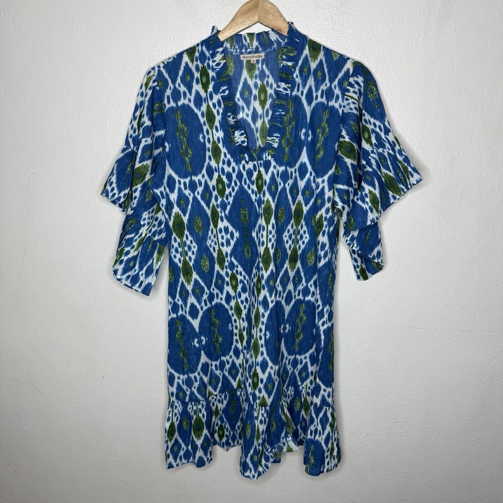 Fitzroy And Willa Ikat Blue Green Dress Short Sleeve Mini V-neck Womens Small